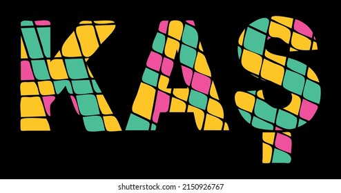 Kas. Tricolor isolated letters from contrast flowing fluid shapes, 3 color. Kas is place in Turkey. Text for print, booklet, banner, social network, web resources, mobile app. Stock vector