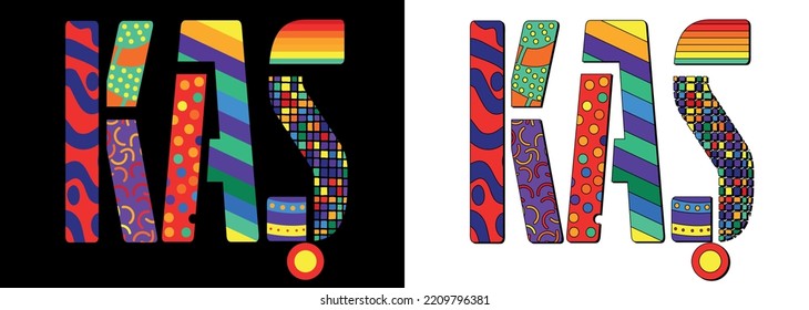 KAS. Unique colorful font. Multicolored bright isolate curves doodle letters. KAS is place in Turkey. Set for social network, web resources, print, booklet, banner, flyer.
