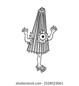 Kasa-obake(Haunted umbrella) is a Japanese yokai with the body of an umbrella, one eye, an overly-long tongue, and one leg in place of the handle. Japanese texts means "kasa-obake."
