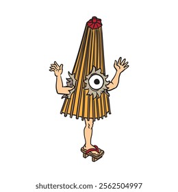 Kasa-obake(Haunted umbrella) is a Japanese yokai with the body of an umbrella, one eye, an overly-long tongue, and one leg in place of the handle. Japanese texts means "kasa-obake."
