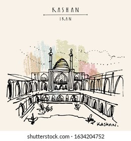 Kashhan, Iran. Agha Bozorg school and mosque. Historical mosque in Kashan, Iran. Built in the late 18th century. Travel sketch. Tourist attraction. Travel hand drawn postcard. Vector illustration