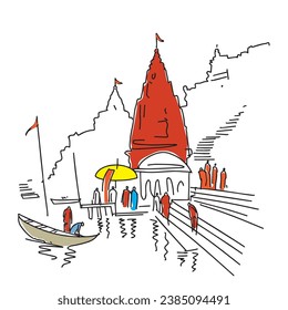 Kashi Varanasi simple vector illustration.Kashi Vishwanath Temple Hindu temple of Lord Shiva Varanasi, Uttar Pradesh in India