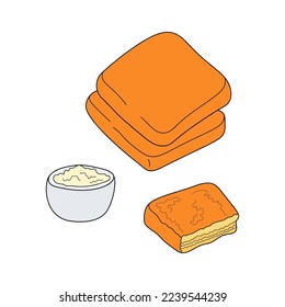 Kashkaval pane breaded kashkaval bites cheese. Bulgarian traditional food. Vector hand-drawn illustration. Design element for menu cafe, bistro, restaurant.