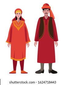 kashmir man and woman, couple in traditional dress vector illustration