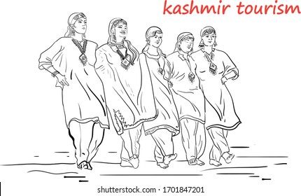 Vektor Stok Kashmir People Dancing Line Drawing Vector (Tanpa Royalti