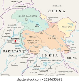 Kashmir, region in South Asia, political map. Disputed between India, Pakistan and China, encompassing Jammu and Kashmir, Ladakh, Azad Kashmir, Gilgit-Baltistan, Aksai Chin, and Trans-Karakoram Tract.