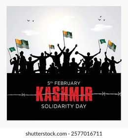 Kashmir Solidarity Day. 5th February. Concept of freedom and struggle vector people flag in hand.