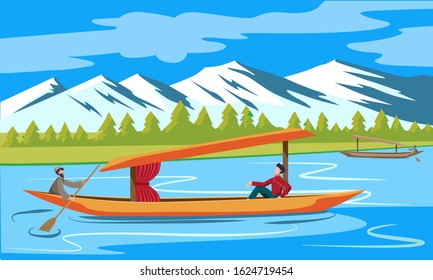 Kashmir Tourism Dal Lake With Boat Landscape Vector Illustration