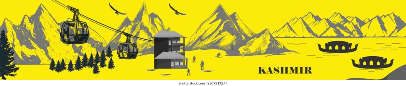 Kashmir valley beautiful landscape with mountains and dal lake  illustration for tours and travels