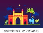 Kashmiri Gate at night - modern colored vector illustration with historical citadel built in Delhi, tropical night, palm trees with coconuts and moon, sacred cow. Summer vacation in asian country idea