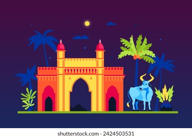 Kashmiri Gate at night - modern colored vector illustration with historical citadel built in Delhi, tropical night, palm trees with coconuts and moon, sacred cow. Summer vacation in asian country idea