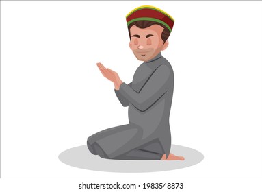 El hombre cachemir está rezando. Ilustración gráfica vectorial. Individualmente sobre fondo blanco.