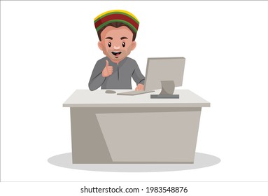 Kashmiri man is working on the computer. Vector graphic illustration. Individually on white background.