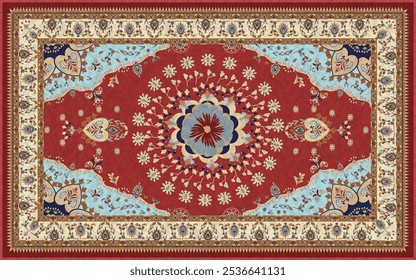 Kashmiri rug and carpet vector features  floral and leaf patterns in rich red, calming blue, and warm yellow. It embodies refined craftsmanship, adding Kashmiri elegance and warmth to any design