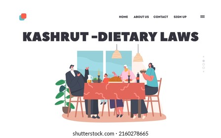 Kashrut Dietary Laws Landing Page Template. Traditional Jewish Family Mother, Granny, Grandpa And Kid Having Dinner At Table With Candles. Israel People Eating At Home. Cartoon Vector Illustration