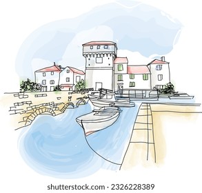 Casco antiguo de Kastel Gomilica en el mar cerca de Split, región de Dalmacia en Croacia. Ilustración de viaje, acuarela vectorial