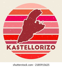 Kastellorizo logo. Sign with the map of island and colored stripes, vector illustration. Can be used as insignia, logotype, label, sticker or badge of the Kastellorizo.