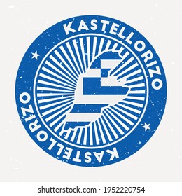 Kastellorizo round stamp. Logo of island with flag. Vintage badge with circular text and stars, vector illustration.