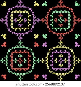 kasuti india stitch embroidery needle work abstract artwork seamless geometric pattern printed background fabric wallpaper hand drawn line colorful black


