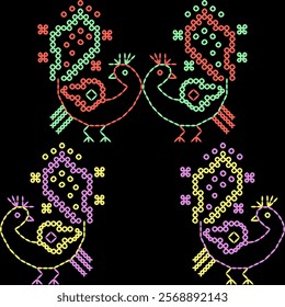 kasuti india stitch embroidery needle work abstract artwork seamless geometric pattern printed background fabric wallpaper hand drawn line colorful black


