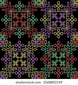 kasuti india stitch embroidery needle work abstract artwork seamless geometric pattern printed background fabric wallpaper hand drawn line colorful black


