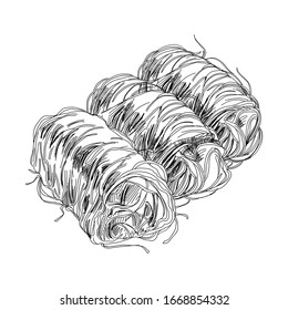 Kataifi, oriental sweet dessert, retro hand drawn vector illustration. Traditional noodle-like pastry, vintage sketch style on a white background.
