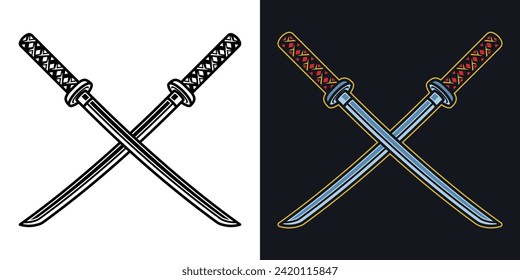 Katana kreuzte Schwerter, Vektorobjekt oder Element in zwei Stilen schwarz auf Weiß und farbig auf dunklem Hintergrund
