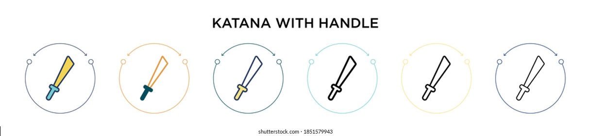 Katana con icono de mango en el estilo relleno, delgado, contorno y trazo. Ilustración vectorial de dos katana de color y negro con iconos vectoriales de manejo se puede usar para móviles, ui, web