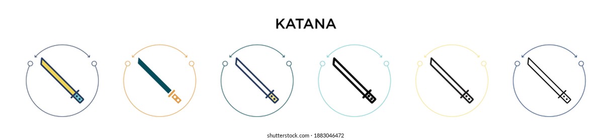 Katana icon in filled, thin line, outline and stroke style. Vector illustration of two colored and black katana vector icons designs can be used for mobile, ui, web