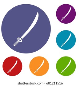 Katana icons set in flat circle red, blue and green color for web