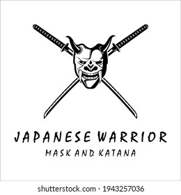 katana and mask samurai logo vector vintage template illustration design . japanese armour mask and katana sword for samurai logo concept template emblem illustration design