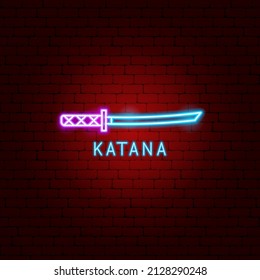 Katana Neon Label. Vektorgrafik der Schwertwerbung.