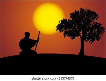 katana samurai sword tree in front of sun vector illustration