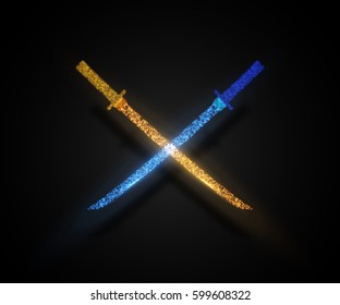 Katana sword, composed from light particles. Vector abstract illustration