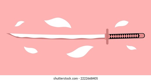 Katana Sword Samurai Ronin Weapon With White Sakura Petal Flower Japanese Anime Style On Pink Background Flat Vector Icon Design.