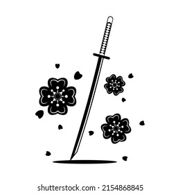 Katana sword samurai with sakura flowers japanese style tattoo flat vector black icon design.