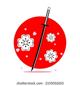 Katana sword samurai with sakura flowers on red circle japanese style tattoo flat vector icon design.