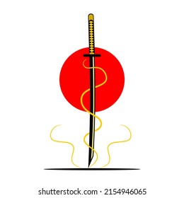 Katana sword samurai with thunder lightning and red circle japanese style tattoo flat vector icon design.