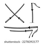 Katana and Wakizashi isolated on white background. A pair of Japanese Daisho samurai swords - katana and Wakizashi, crossed swords stuck in the ground. Samurai weapon, ninja. Vector flat isolated set