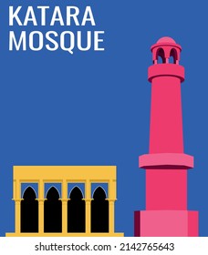 Mezquita Katara en Doha, ilustración de Qatar con fondo azul