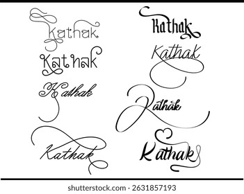 Kathak Typography Logo in Cursive Calligraphy Script, Handwritten Calligraphy Logo for ‘Kathak’ – Traditional Dance Monogram Emblem Isolated on White
