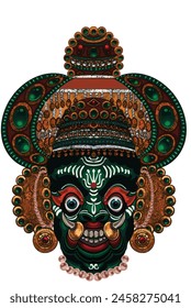 A Kathakali dance mask bursts with vibrant colors, showcasing intricate patterns and decorations ,depicted is fierce, with prominent eyes and arched eyebrows, reflecting the dramatic  expression.