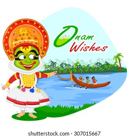 Kathakali dancer doing boat race of Kerala for Onam celebration in vector