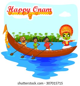 Kathakali dancer doing boat race of Kerala for Onam celebration in vector