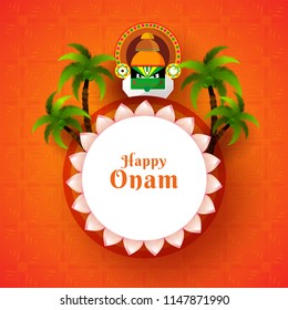 Kathakali Tänzer Gesicht mit Kokospalmen und Text Happy Onam auf kreisförmigem floralen Rahmen für südindische Festival Feier.