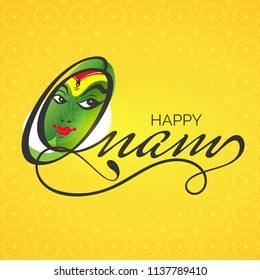 Cara de bailarina de Katakali con texto elegante Feliz Onam sobre fondo amarillo sin costuras para el concepto de celebración.