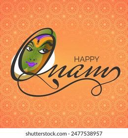 Kathakali dancer face with stylish text Happy Onam on orange seamless pattern background for celebration concept.