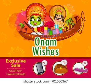 Kathakali dancer and King Mahabali offering shopping sale for Onam festival of Kerala in vector