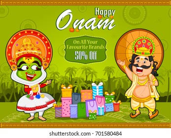 Kathakali dancer and King Mahabali offering shopping sale for Onam festival of Kerala in vector