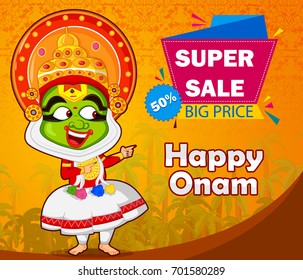 Kathakali dancer offering shopping sale for Onam festival of Kerala in vector